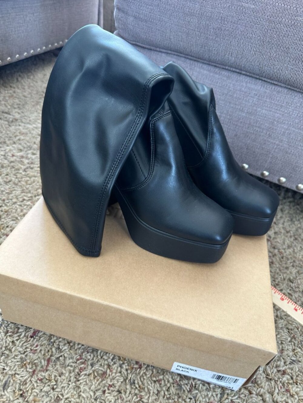 Steve Madden Phoenix Black Platform Knee-High Boots 8 Faux Leather Block Heels W